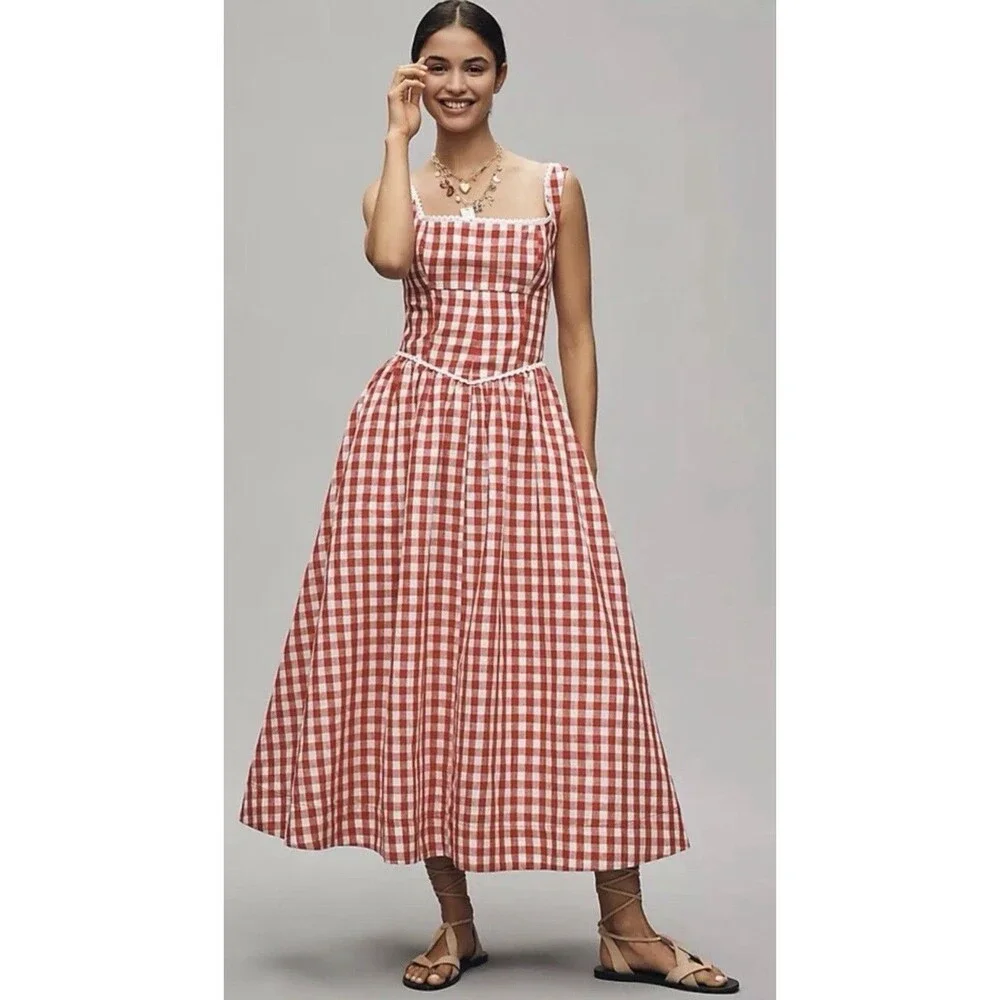 Anthropologie Wayf Midi Dress Red Linen Blend Drop Waist Preppy Boho Medium NWT - Picture 1 of 14